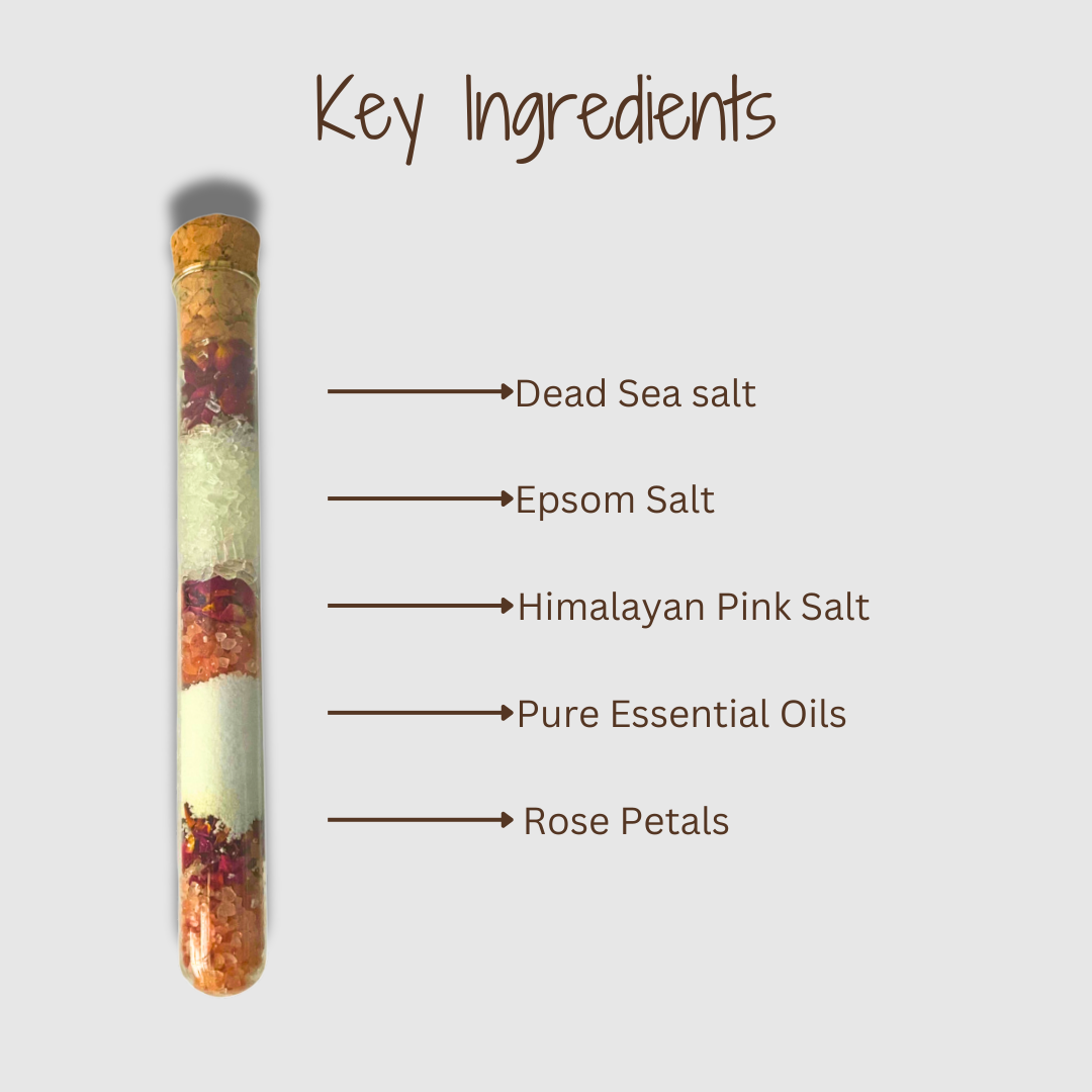 An image listing key ingredients like ‘Himalayan salt,’ ‘Epsom salt,’ ‘essential oils,’ and ‘dried flowers’ for ‘Seaura Bath and Foot Salts’